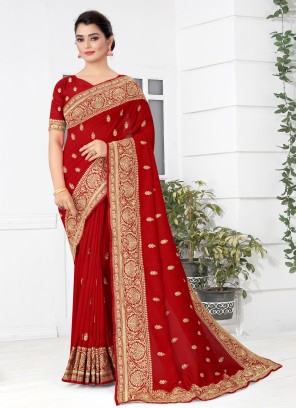 Red Embroidered Ceremonial Traditional Designer Saree