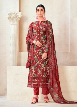 Red Embroidered Cotton Floor Length Salwar Suit