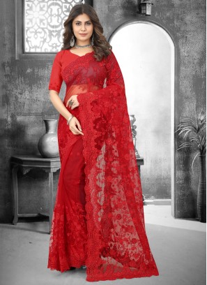 Red Embroidered Designer Saree