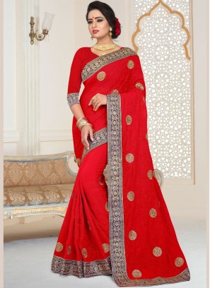 Red Embroidered Faux Georgette Classic Saree