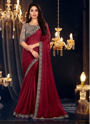 Red Embroidered Festival Classic Saree