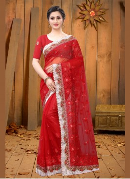 Red Embroidered Festival Contemporary Saree