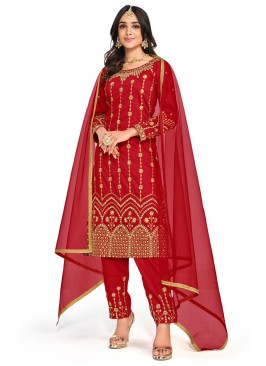 Red Embroidered Festival Straight Salwar Suit