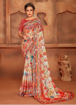 Red Embroidered Net Trendy Saree