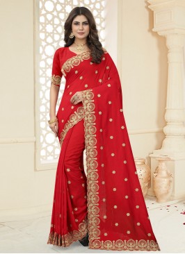 Red Embroidered Sangeet Classic Saree