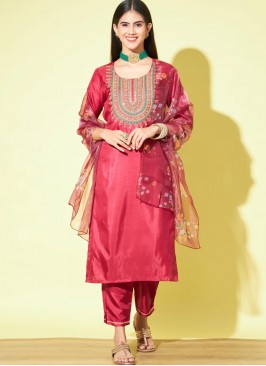 Red Embroidered Silk Blend Readymade Salwar Kameez