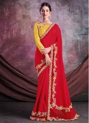 Red Embroidered Silk Trendy Saree