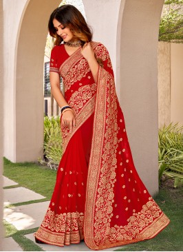 Red Embroidered Wedding Classic Saree