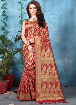 Red Festival Art Banarasi Silk Designer Traditional Saree