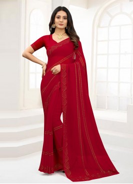 Red Festival Faux Chiffon Trendy Saree