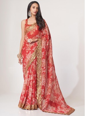 Red Festival Organza Designer Saree