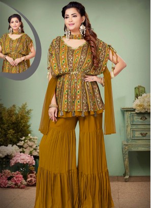 Mustard Georgette Palaazzo Set with Aari and sequins work.