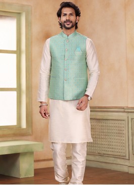Pista Green Jacquard Banarasi Silk 3-Piece Jacket Set with cream Churidar Bottom.