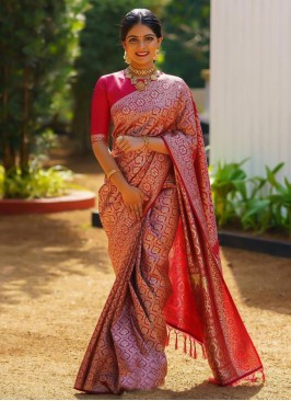 Red Jacquard Work Banarasi Silk Trendy Saree