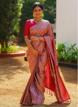 Red Jacquard Work Banarasi Silk Trendy Saree