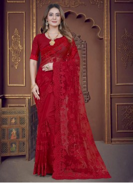 Red Net Resham Classic Saree