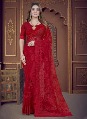 Red Net Resham Classic Saree