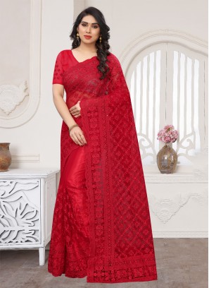 Red Net Resham Designer Saree