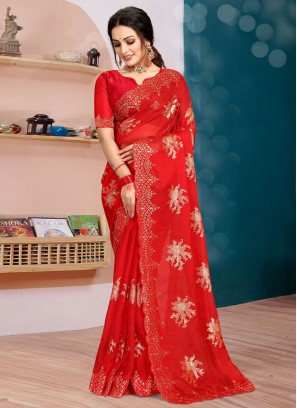 Red Organza Festival Trendy Saree