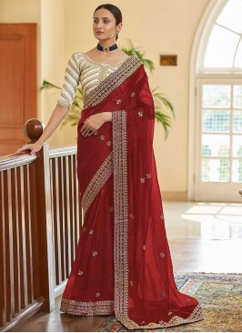 Red Organza Sequins Classic Designer Saree