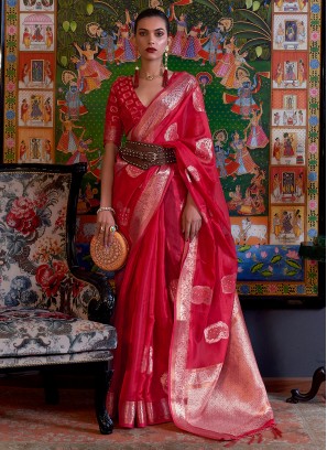 Red Organza Weaving Trendy Saree