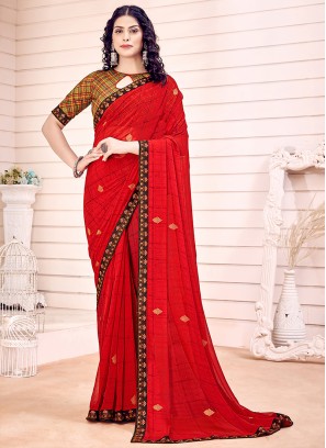 Red Printed Georgette saree with Blouse