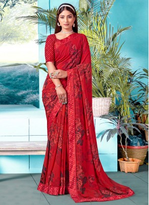 Red Printed Trendy Saree
