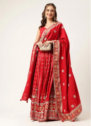 Red Rayon Printed Lehenga Choli