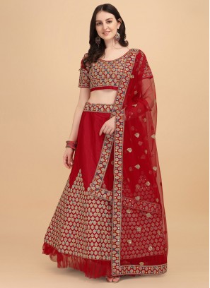 Red Sequins Satin Silk Designer Lehenga Choli