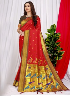 Red Silk Ceremonial Contemporary Saree