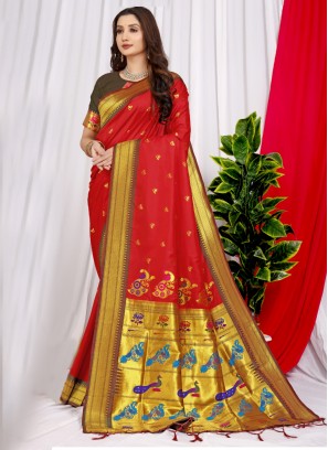 Red Silk Ceremonial Contemporary Saree