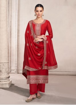 Red Silk Embroidered Trendy Salwar Kameez