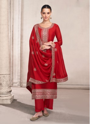 Red Silk Embroidered Trendy Salwar Kameez