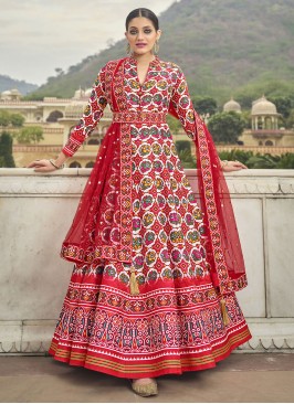 Red Silk Patola Print Readymade Gown
