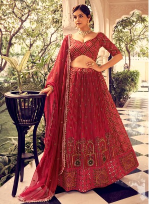 Red Silk Sequins Long Choli Lehenga