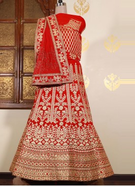 Red Velvet Embroidered Lehenga Choli