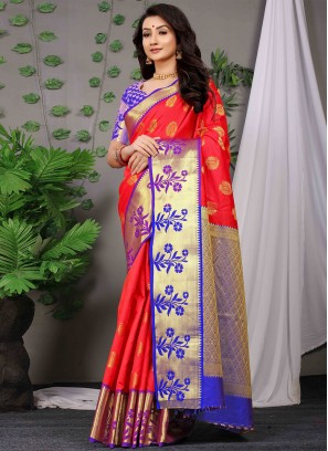 Red Weaving Mehndi Trendy Saree