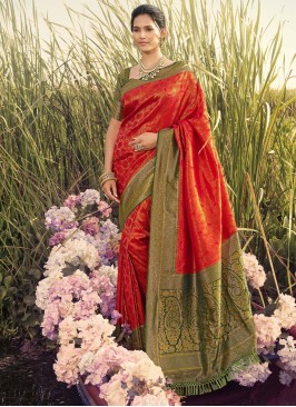 Red Weaving Party Trendy Saree