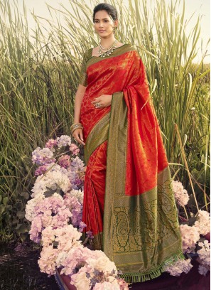 Red Weaving Party Trendy Saree