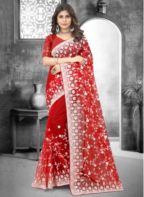 Red Wedding Net Contemporary Saree