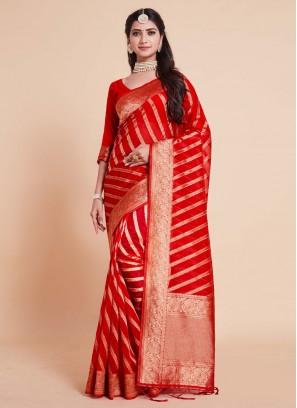 Red Woven Festival Trendy Saree