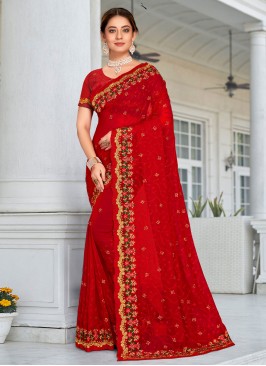 Red Zari Georgette Designer Saree