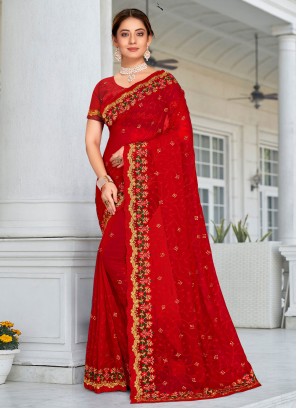 Red Zari Georgette Designer Saree