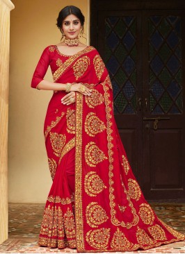 Red Zari Vichitra Silk Trendy Saree
