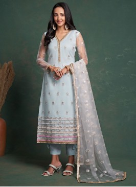 Refreshing Faux Crepe Embroidered Aqua Blue Trendy Salwar Suit