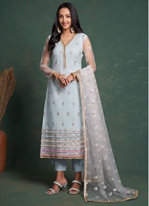 Refreshing Faux Crepe Embroidered Aqua Blue Trendy Salwar Suit