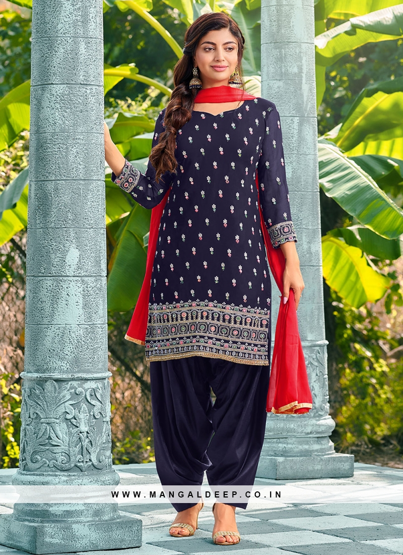 Blue Mirror Work Embroidered Patiala Salwar Suit - Hijab Online