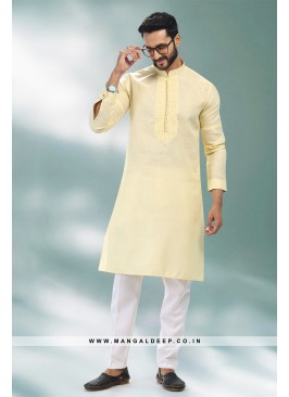 Refreshing Yellow Premium Linen Cotton Kurta Pant with Pintuck Work