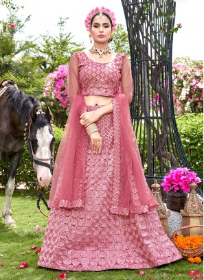 Refreshing Pink Embroidered Net Trendy Lehenga Choli