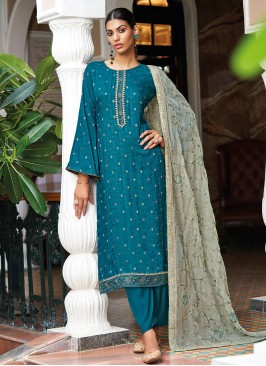Refreshing Teal Embroidered Jacquard Designer Pakistani Salwar Suit